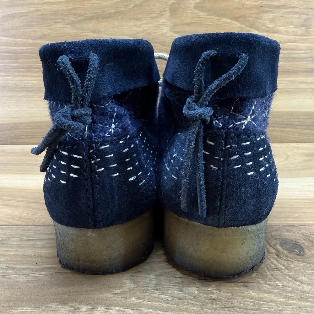 Clarks Wallabee Originals Sashiko Navy Mens 8 Blue Suede Wool Moc Toe Desert